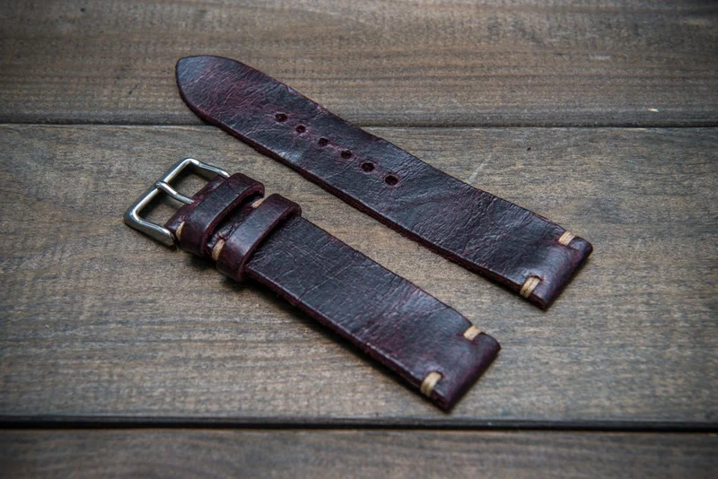 Suede vintage leather watch strap (Crazy cow) Burgundy, handmade in Finland, 2 leather keepers