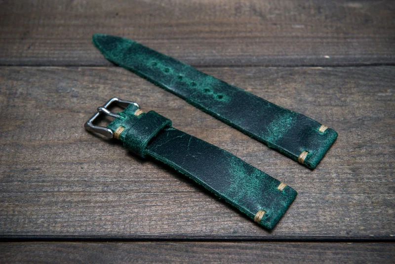 Suede vintage tapered leather watch strap (Crazy cow, green), handmade in Finland.