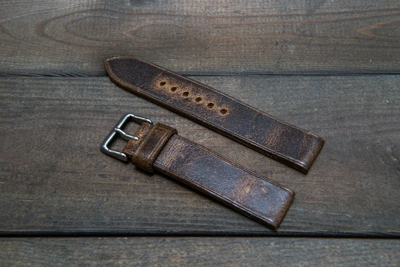 Suede vintage leather watch strap (Crazy Cow, Teak), non-stitched, handmade in Finland