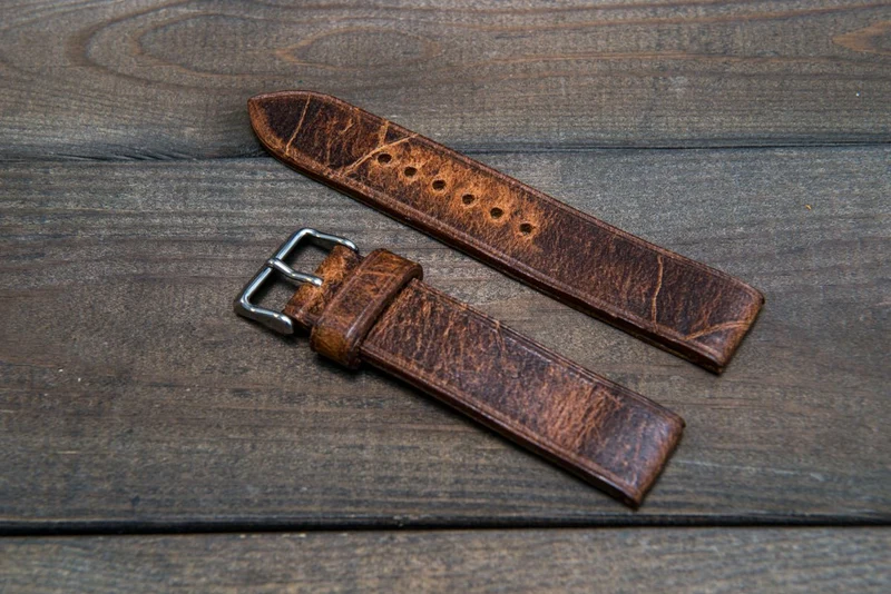 Suede vintage leather watch strap (Crazy Cow, Cognac), handmade in Finland