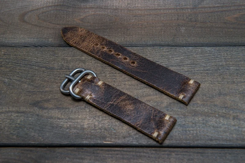 Suede vintage leather watch strap (Crazy cow, Teak), handmade in Finland