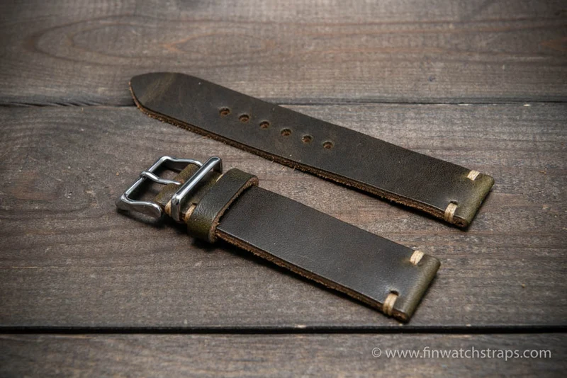 Horween Dublin Olive leather watch strap, 16 mm-26 mm, handmade in Finland