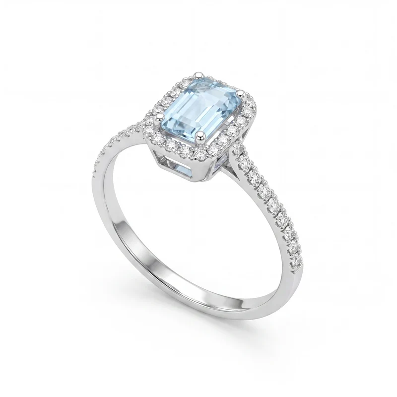 Mikiko an 18k acquamarina ott. 6x4 con contorno in diamanti e gambo incassato MA5232O4AM