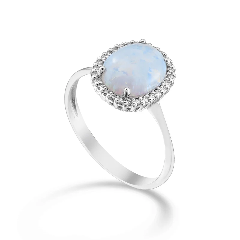Mikiko an 9k opale cabochon ovale 10x8, con contorno di diamanti MA5209R4OP