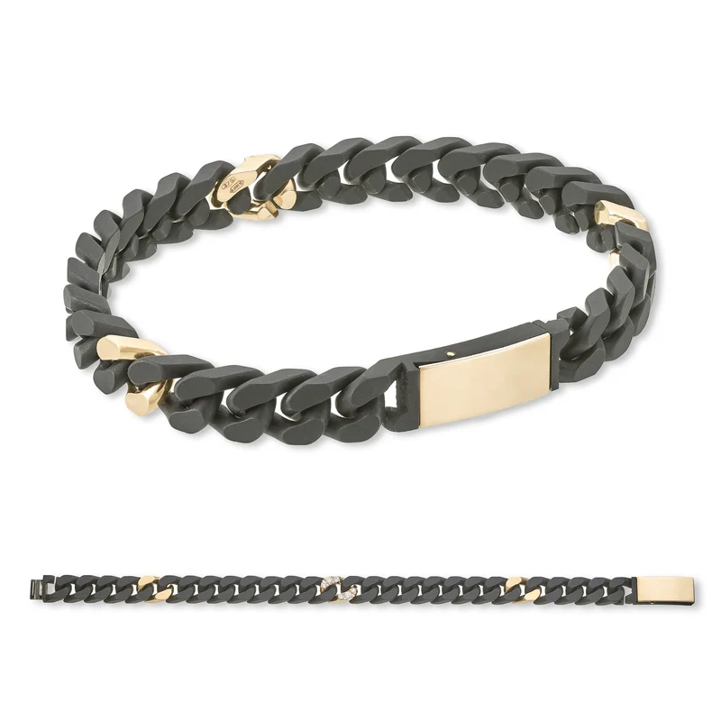 X-Diamond bracciale groumette 24 maglie medie lisce in titanio nero + 2 maglie lisce 9kt oro rosa + 1 maglia inc. 9kt oro rosa + ch lunga tit+pulsante 9kt oro rosa 20cm LXDBRG003R3DI2NE-200