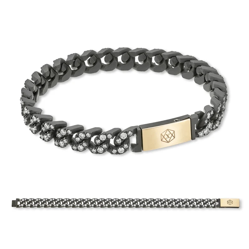 X-Diamond bracciale groumette 27 maglie medie in titanio nero tutte incassate + ch lunga inc con pulsante 9kt oro rosa 20cm LXDBRG003R3DI0NE-200