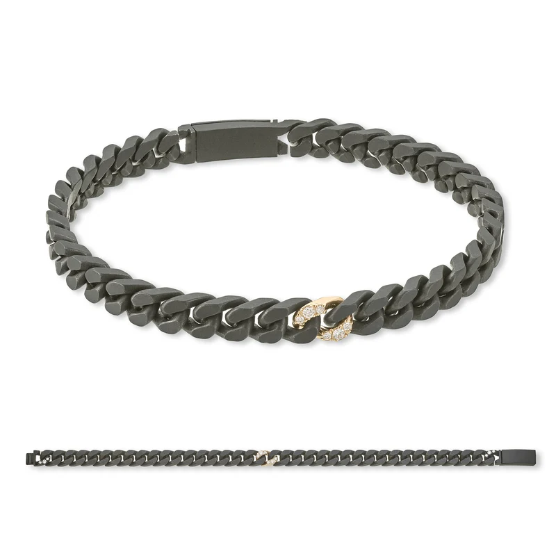 X-Diamond bracciale groumette 36 maglie piccole in titanio nero + 1 piccola incassata 9k oro rosa + ch titanio inc. 20cm LXDBRG002R3DI2NE-200