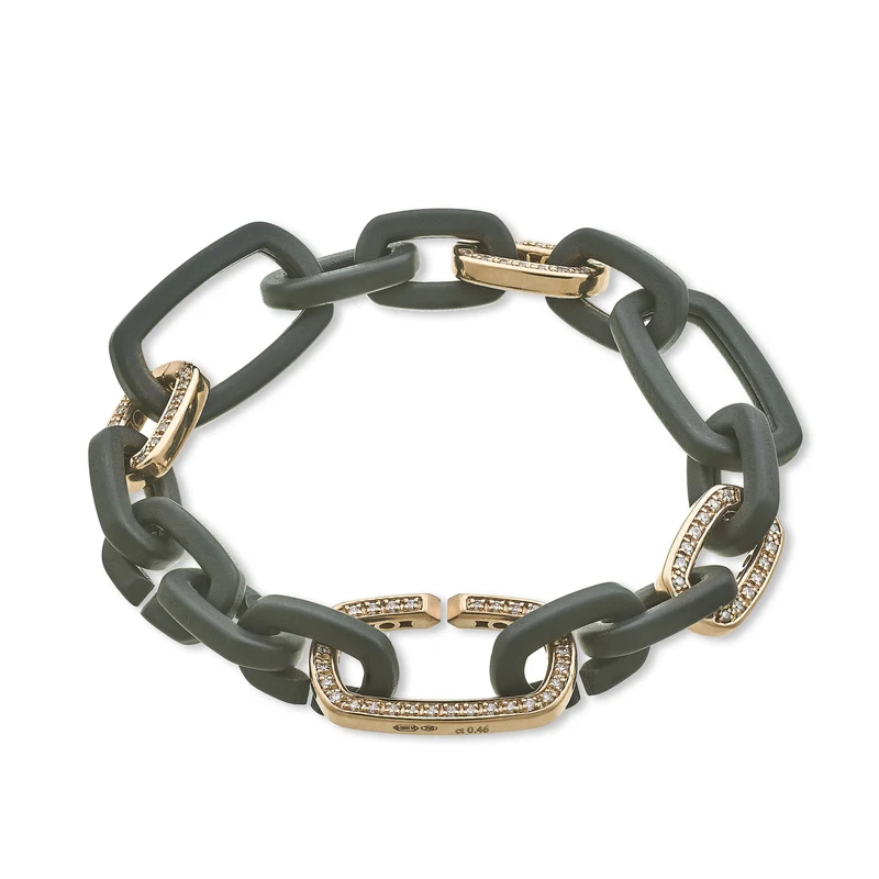 Golay bracciale catena in titanio nero, con tre anelli piccoli ed uno grande incassati con diamanti, in oro rosa 18k, 18cm GBR056O3DINE-180