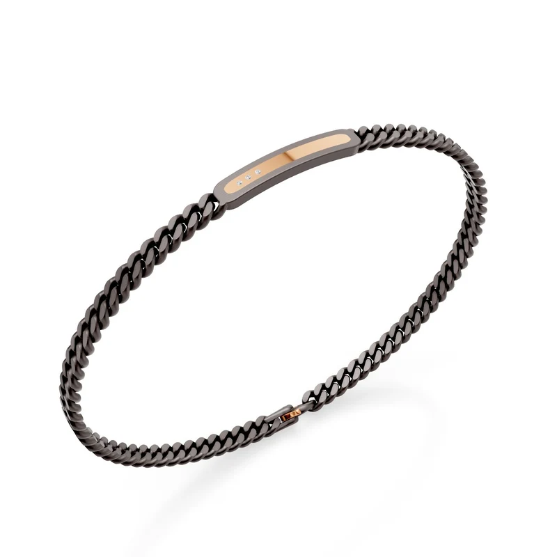 World Diamond Group bracciale groumette in titanio grigio, con barretta centrale ed inserto a barretta in oro rosa 18k, incassato con diamanti, 20cm GBR049O3DIGR-200