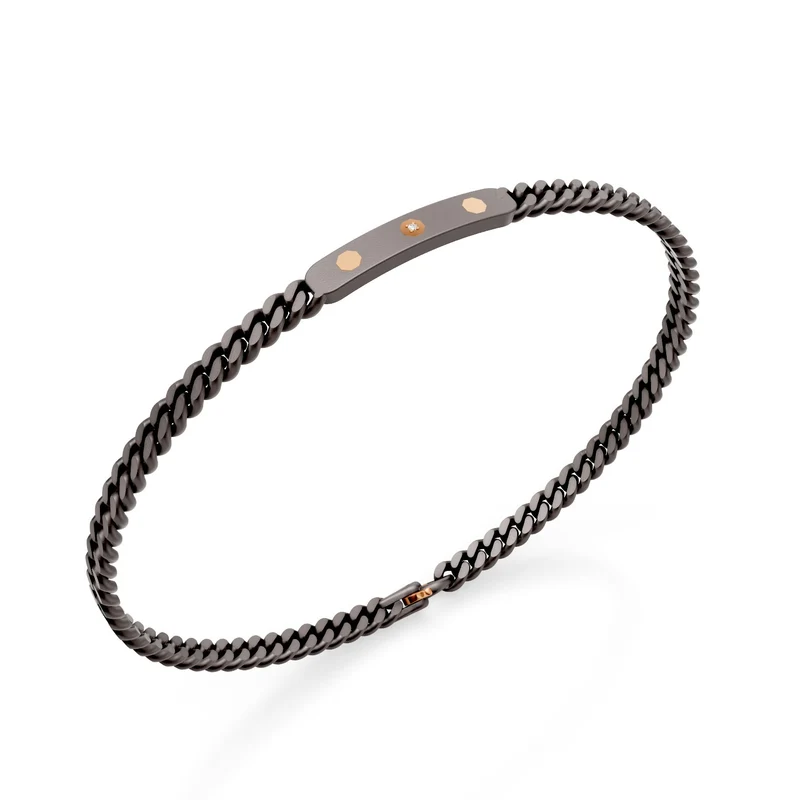 World Diamond Group bracciale groumette in titanio grigio, con barretta centrale ed inserti ottagonali in oro rosa 18k, di cui il centrale incassato con diamante, 21cm GBR045O3DIGR-210