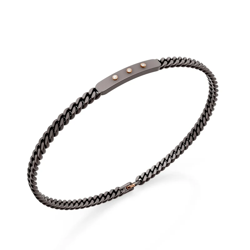 World Diamond Group bracciale groumette in titanio grigio, con barretta centrale e cilindretti in oro rosa 18k, incassati con diamanti, 18cm GBR042O3DIGR-180