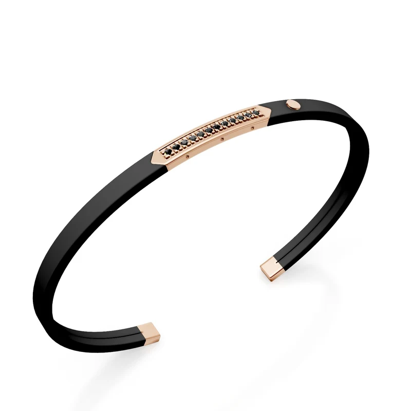 World Diamond Group bracciale schiava in titanio nero, inserto in oro rosa 18kt, con fila di diamanti neri, misura media GBR041O3BKNE_M