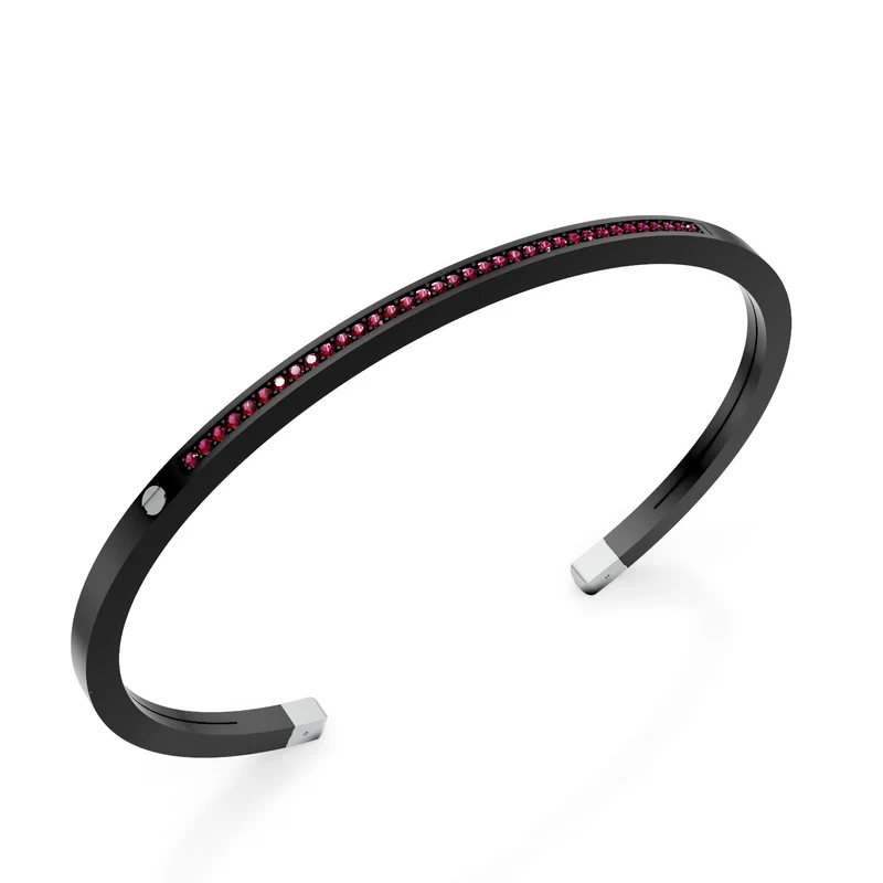 World Diamond Group bracciale schiava in titanio nero, con una fila di rubini e inserti in platino, misura media GBR036PTRUNE_M