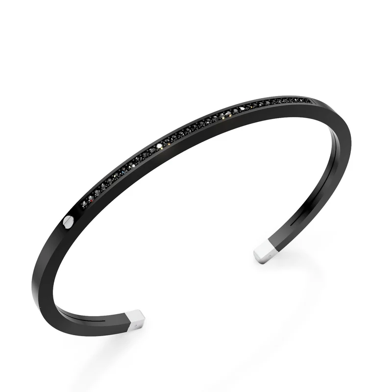 World Diamond Group bracciale schiava in titanio nero, con una fila di diamanti black e inserti in platino 18kt, misura media GBR036PTBKNE_M