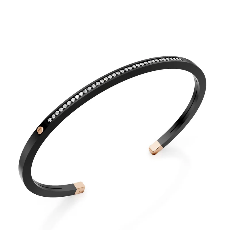 World Diamond Group bracciale schiava in titanio nero, con una fila di diamanti e inserti in oro rosa 18kt, misura media GBR036O3DINE_M