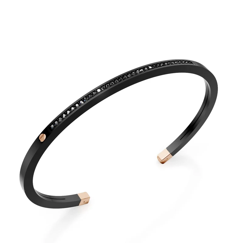 World Diamond Group bracciale schiava in titanio nero, con una fila di diamanti black e inserti in oro rosa 18kt, misura media GBR036O3BKNE_M