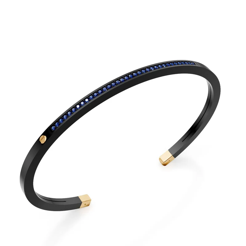 World Diamond Group bracciale schiava in titanio nero, con una fila di zaffiri e inserti in oro giallo 18kt, misura media GBR036O1ZBNE_M