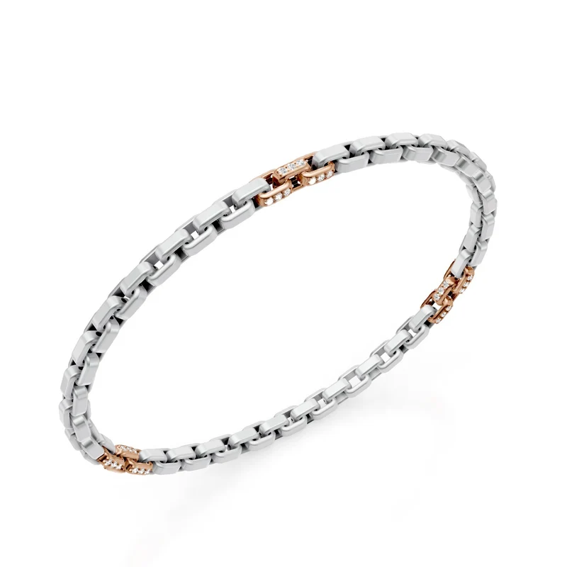 Golay bracciale in platino, con 9 inserti pavettati in oro rosa 18k, maglia quadrata, 18cm GBR033E9PTO3DI-180