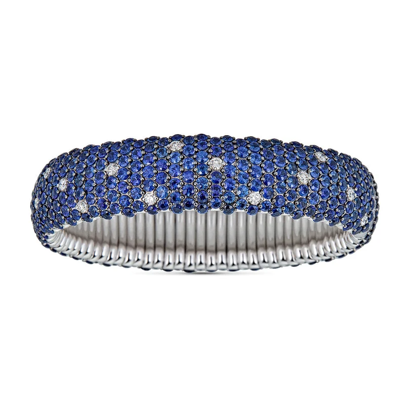 Zydo bracciale elastico bombato con zaffiri blu medio e diamanti oro bianco 60552