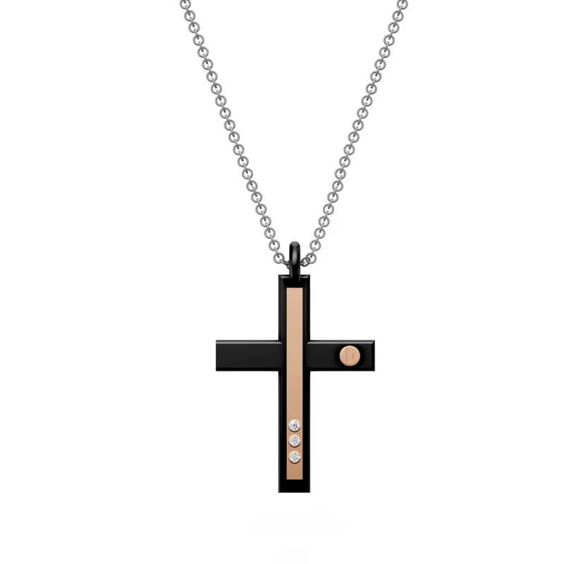 World Diamond Group collana croce con tre diamanti, in titanio nero e catena grigia, con inserti in oro rosa 18kt, barretta lunga dritta GDCR02O3DINE-D