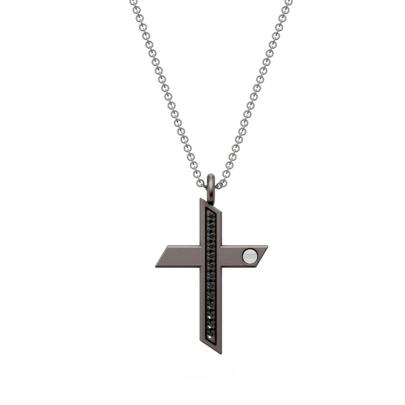 World Diamond Group collana croce con diamanti black in titanio nero e catena grigia, con inserti in platino GDCR01PTBKNE