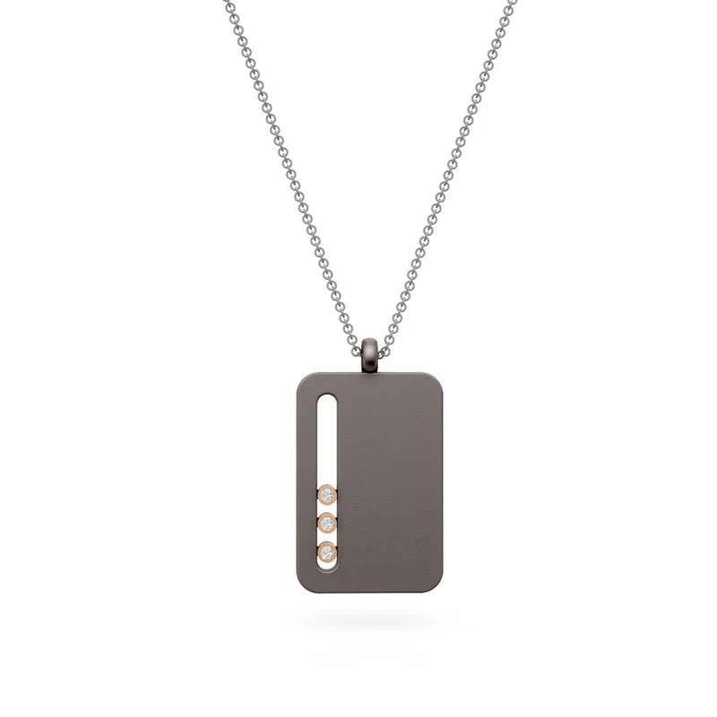 World Diamond Group collana con piastrina in titanio grigio con tre cilindretti in oro rosa 18k, con diamanti GD008O3DIGR