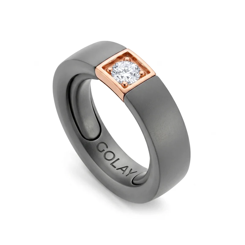 World Diamond Group anello in titanio girgio, con elemento in oro rosa 18kt, incassato con diamante da 0,25ct adattabile con cuscinetti dalla 14 a 18 GAN033O3DIGR-1418