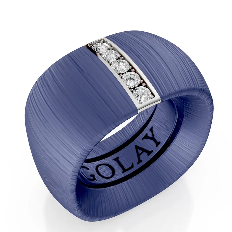 Golay anello fascia in titanio viola texture tessuto con inserto lineare in oro bianco 18k incassato con diamanti, misura 15, con molla interna per riduzione GAN027O4DIVITX-15