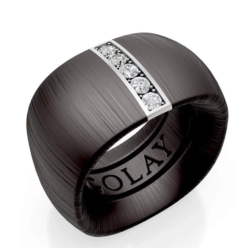 Golay anello fascia in titanio nero texture tessuto con inserto lineare in oro bianco 18k incassato con diamanti, misura 17, con molla interna per riduzione GAN027O4DINETX-17