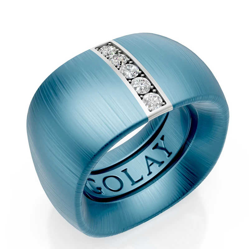 Golay anello fascia in titanio blu texture tessuto con inserto lineare in oro bianco 18k incassato con diamanti, misura 14, con molla interna per riduzione GAN027O4DIBLTX-14