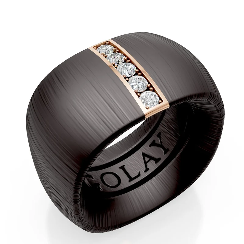 Golay anello fascia in titanio nero texture con inserto lineare in oro rosa 18k incassato con diamanti, misura 14, con molla interna per riduzione GAN027O3DINETX-14