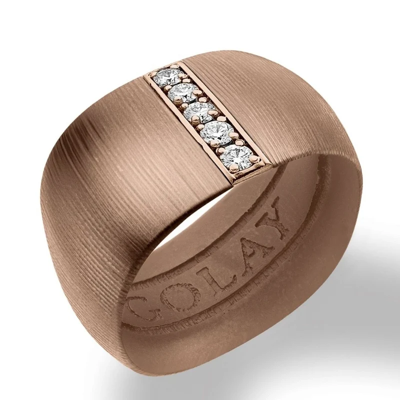 Golay anello fascia in titanio marrone texture tessuto con inserto lineare in oro rosa 18k incassato con diamanti, misura 14, con molla interna per riduzione GAN027O3DIMATX-14