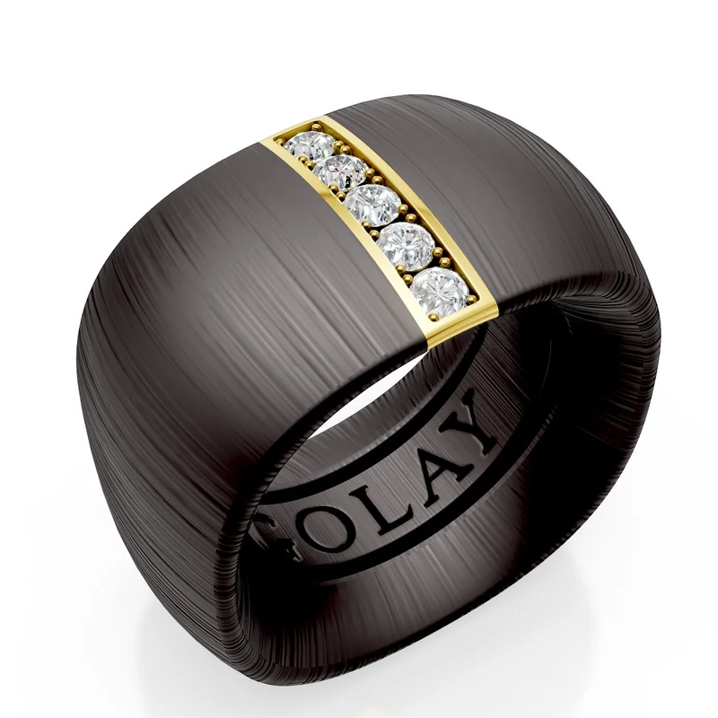Golay anello fascia in titanio nero texture con inserto lineare in oro giallo 18k incassato con diamanti, misura 14, con molla interna per riduzione GAN027O1DINETX-14