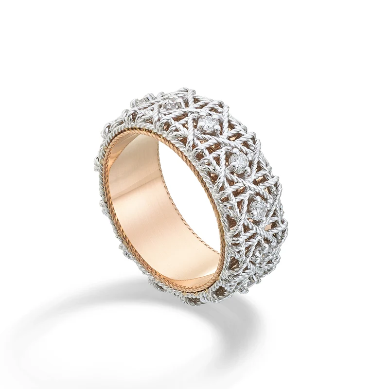 Golay anello fascia largo in oro 18k con molla con diamanti e trama che simula degli intrecci di corde. esterno in oro bianco ed interno in oro rosa, misura 14, con molla interna GAN024O7DM-14