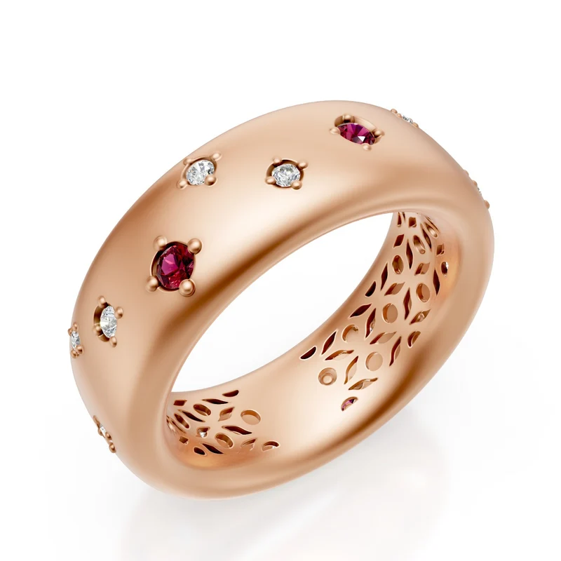 Golay anello fascia stretto in oro 18k, con diamanti e rubini incassati sparsi, rosa satinato, misura 14 GAN022O3DRUS-14