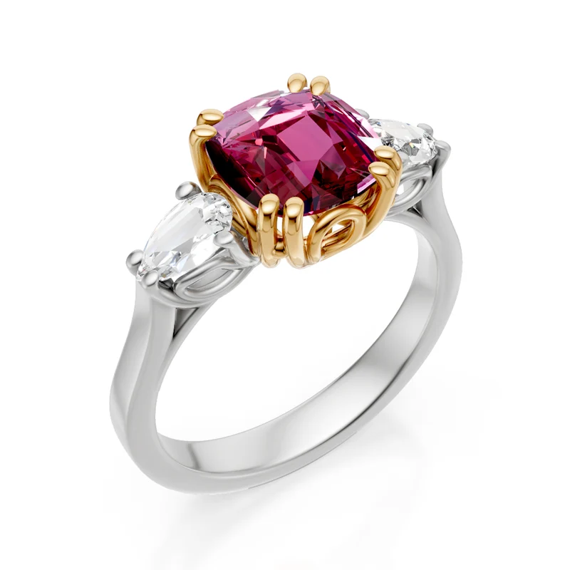 Golay anello rubino cushion 8x7 e gocce laterali APU503DRU-24319110098