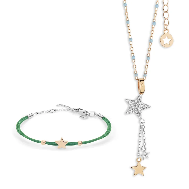 Comete Collana e Bracciale Stella in argento cordino verde KIT228157
