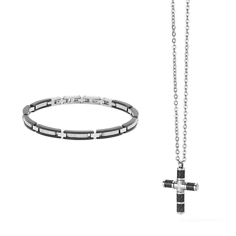 Comete Collana e Bracciale texture in Acciaio e PVD nero KIT681979