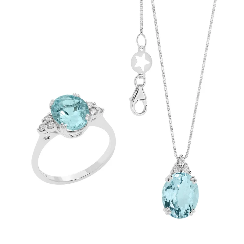 Comete Collana e Anello in Oro Diamanti e Acquamarina ovale KIT300336