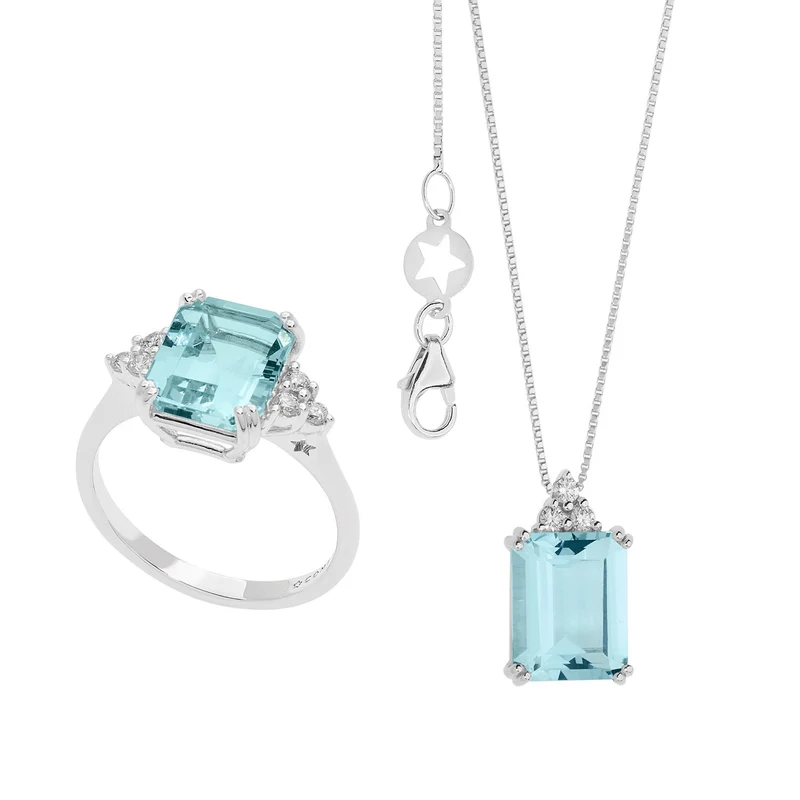 Comete Collana e Anello in Oro Diamanti e Acquamarina ottagonale KIT301337