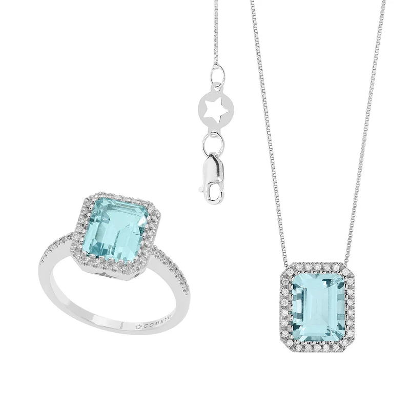 Comete Collana e Anello in Oro Diamanti e Acquamarina ottagonale KIT303339