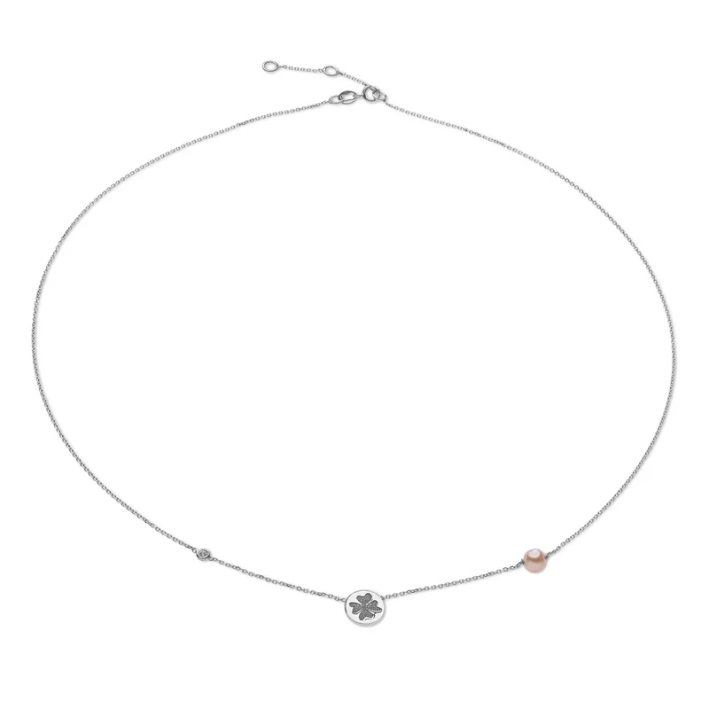 Comete Collana in Oro bianco con Quadrifoglio e Perla rosa GLP503