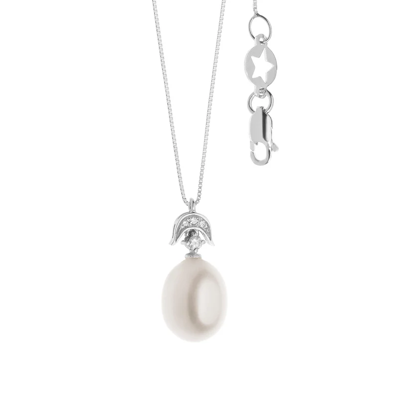 Comete Collana in Oro bianco con Perla a Goccia e Diamanti GLP583