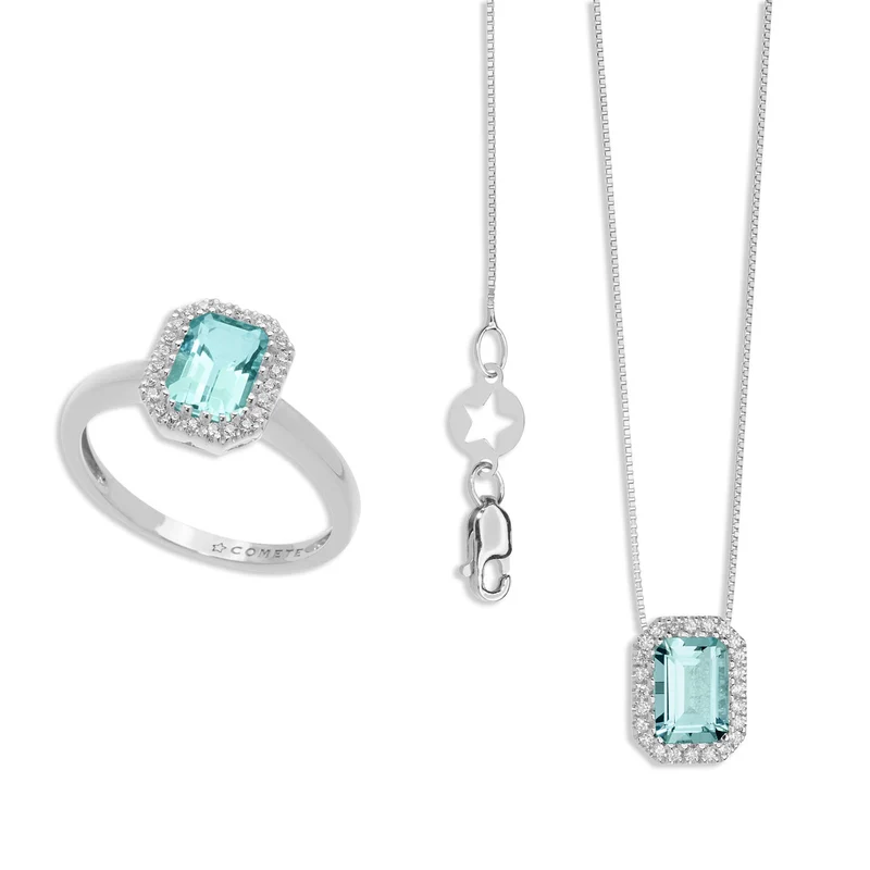 Comete Collana e Anello in Oro Diamanti e Acquamarina Ottagonale KIT287311