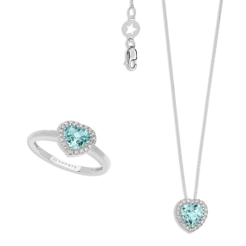 Comete Collana e Anello in Oro Diamanti e Acquamarina Cuore KIT289313
