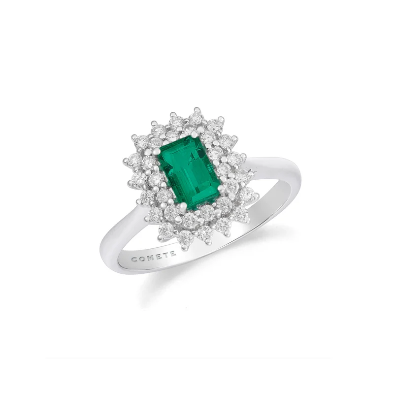 Comete Anello Oro bianco, Diamanti e Smeraldo ottagonale ANB2694