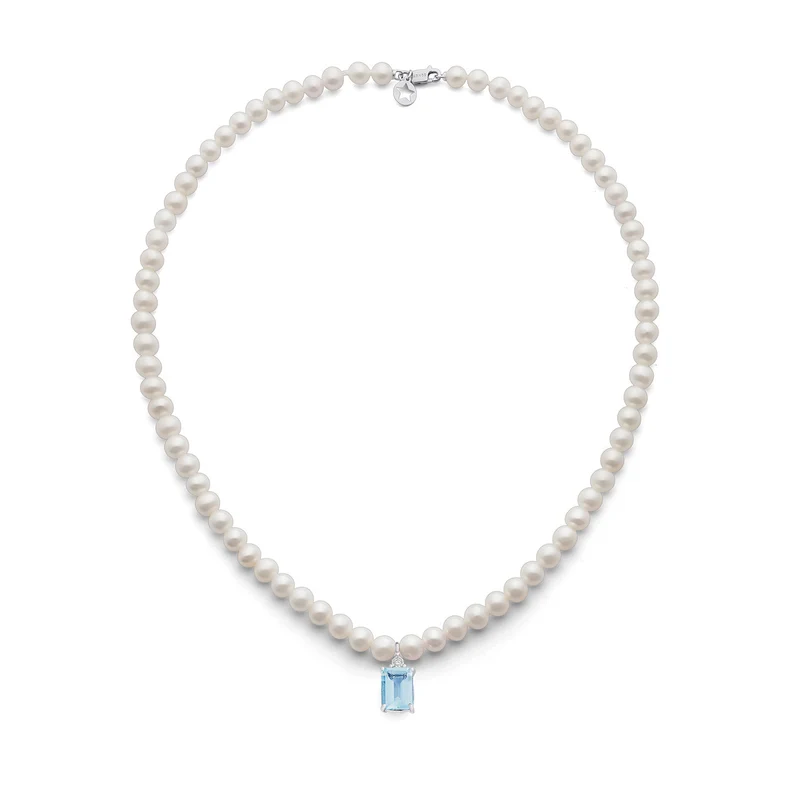 Comete Girocollo Perle in Oro e Diamante e Acquamarina ottagonale FWQ379