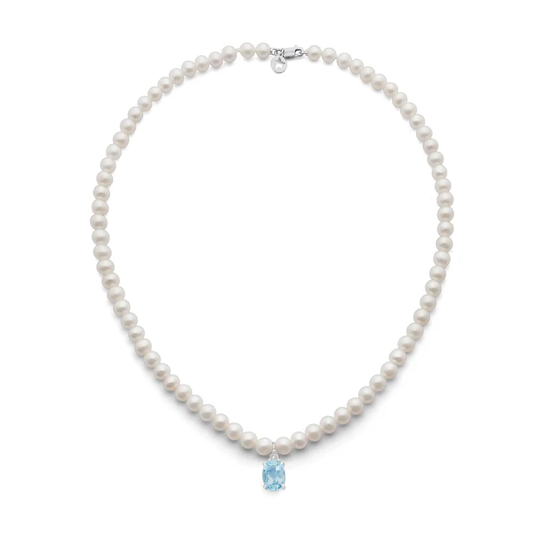 Comete Girocollo Perle in Oro e Diamante e Acquamarina ovale FWQ380