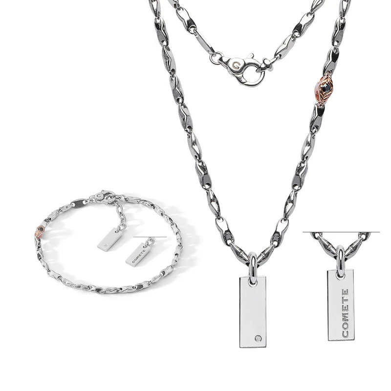 Comete Bracciale e Collana in Argento lucido e rosè, Diamante e Spinelli neri KIT7501258
