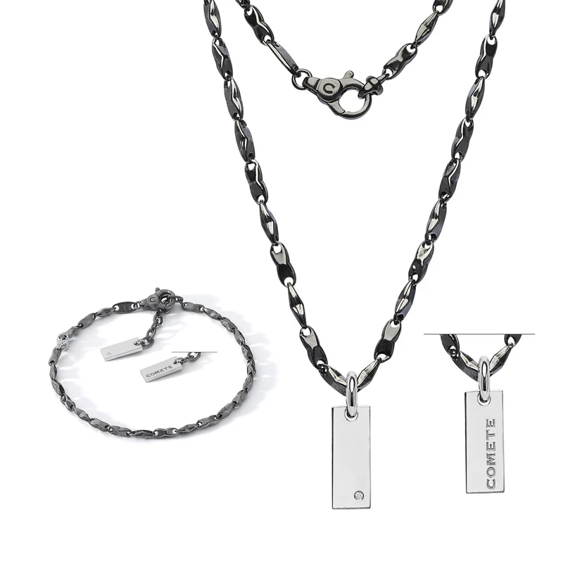 Comete Bracciale e Collana in Argento brunito e lucido, Diamante e Spinelli neri KIT7511259